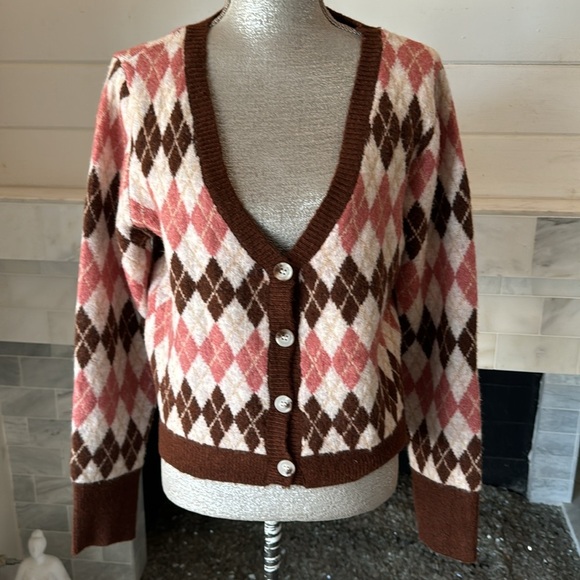 Lulus Clued In Cutie Brown Multi Argyle V-Neck Cardigan Size Large - Picture 3 of 14